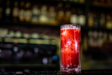 Bloody Mary cocktail in glass at the bar counter.