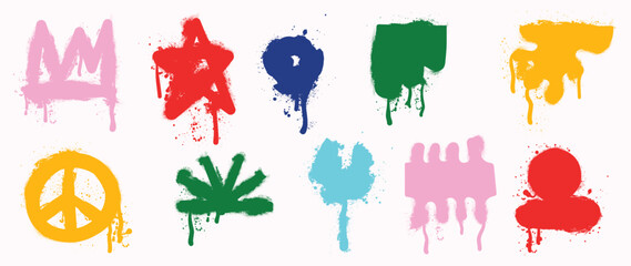 Set of graffiti spray pattern. Collection of colorful symbols, star, crown, peace, dot and stroke with spray texture. Elements on white background for banner, decoration, street art and ads.