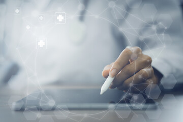 Doctor using digital tablet virtual screen. Modern medical banner background concept