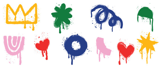 Set of graffiti spray pattern. Collection of colorful symbols, heart, crown, flower, dot and stroke with spray texture. Elements on white background for banner, decoration, street art and ads. - obrazy, fototapety, plakaty