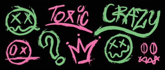 Set of graffiti spray pattern. Collection of colorful symbols, faces, text, crown, smile, dot and stroke with spray texture. Elements on black background for banner, decoration, street art and ads. © TWINS DESIGN STUDIO