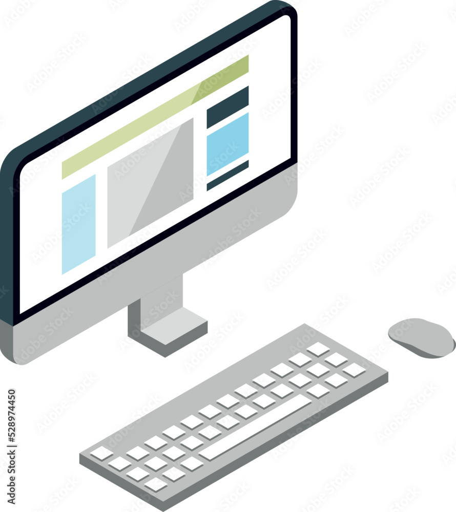 Poster computer isometric icon. workspace monitor with keyboard and mouse