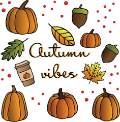 Autumn vibes with cozy things, pumpkins and a cup of coffee