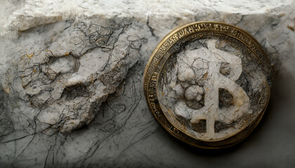 Fototapeta na wymiar The ruined Crypto-Coin in the marble rock - Digital Generate Image