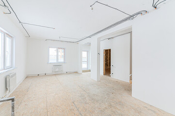 Russia, Moscow- May 21, 2020: interior apartment rough repair for self-finishing. interior decoration, bare walls of the room, stage of construction