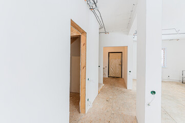 Russia, Moscow- May 21, 2020: interior apartment rough repair for self-finishing. interior decoration, bare walls of the room, stage of construction