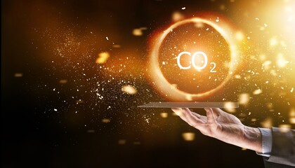 Man hold earth energy on tablet depicting the issue and reduce CO2 emissions carbon. Global warming...