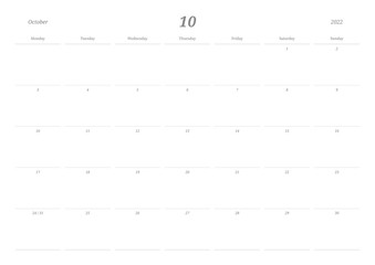 October 2022 simple design digital and printable calendar template illustration. Notes, scheduler, diary, calendar, memo, planner document template background. 