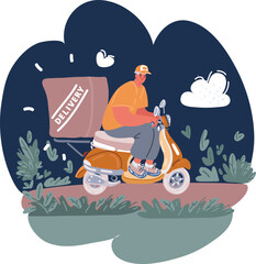 Cartoon vector illustration of Pizza motorbike delivery. Food courier driving bike fast delivery