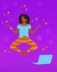 Young adult woman practicing yoga and meditation flying in air using computer on background with chakras.