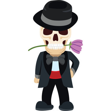 Skeleton ghost wearing a suit in halloween fancy to go trick or treating cartoon character png file.
