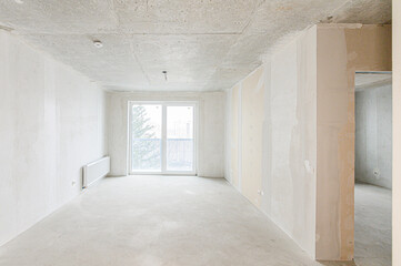Russia, Moscow- May 21, 2020: interior apartment rough repair for self-finishing. interior decoration, bare walls of the room, stage of construction