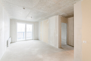 Russia, Moscow- May 21, 2020: interior apartment rough repair for self-finishing. interior decoration, bare walls of the room, stage of construction