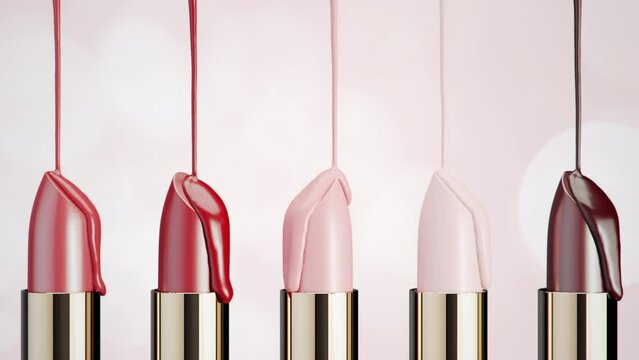 Closeup Liquid Pink color drip on Lipsticks collection set shade isolate on bokeh background. 3D animation. selective focus.