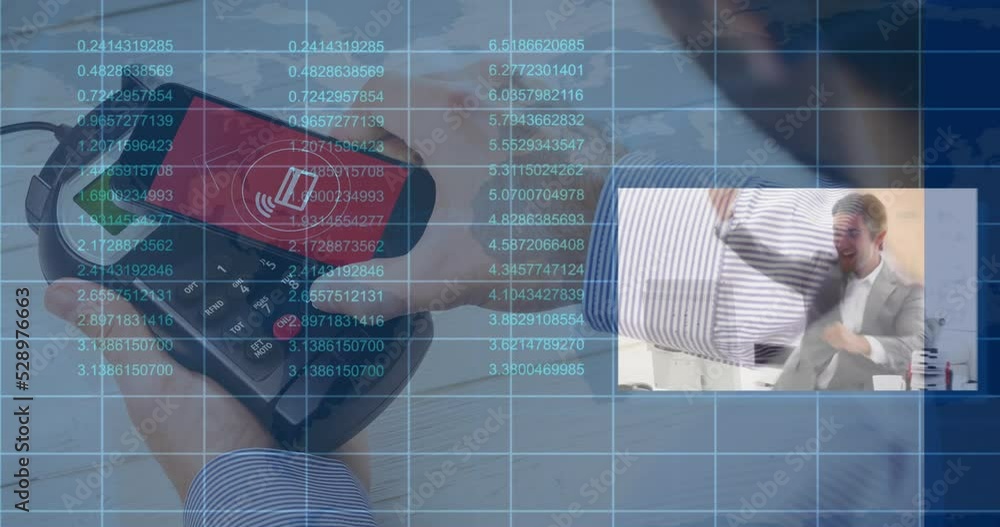 Aufkleber animation of data processing over caucasian man paying with smartphone