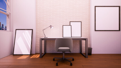 Mockup Frame On White Wall With A Working Table And Chair