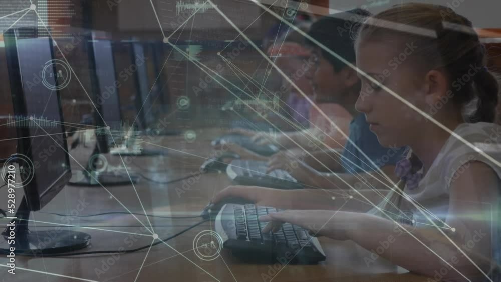 Aufkleber animation of network of connections over diverse schoolchildren using computers