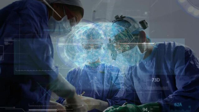 Animation of data processing over caucasian surgeons during surgery