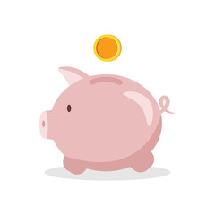 Flat piggy bank with gold coin isolated on white background