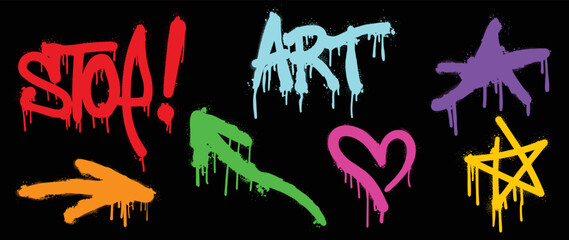 Set of graffiti spray pattern. Collection of colorful symbols, text, heart, stars, arrows and stroke with spray texture. Elements on black background for banner, decoration, street art and ads.