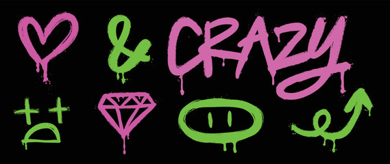 Set of graffiti spray pattern. Collection of colorful symbols, text, heart, rabbit, diamond, arrow, stroke with spray texture. Elements on black background for banner, decoration, street art and ads. - obrazy, fototapety, plakaty