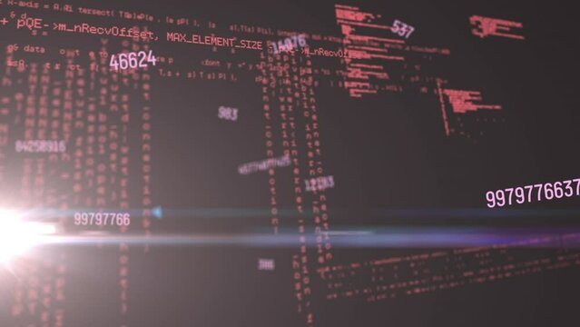 Animation of data processing and digital tunnel with sun on black background