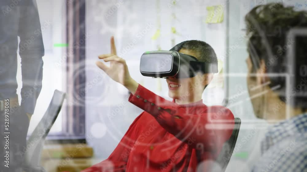 Poster animation of scope scanning with data processing and icons over biracial woman using vr headset