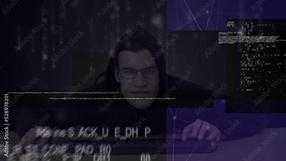 Poster animation of data processing and network of connections over caucasian hacker