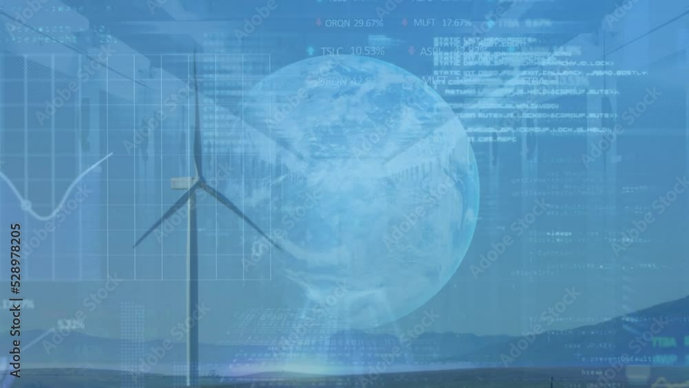 Poster animation of financial data processing with globe and server room over wind turbine