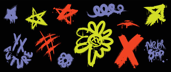 Set of graffiti spray pattern. Collection of colorful symbols, scribble, flowers, stars, text, stroke with spray texture. Elements on black background for banner, decoration, street art and ads. - obrazy, fototapety, plakaty