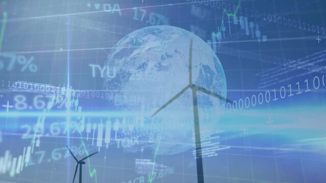 Animation of financial data processing and globe over wind turbines