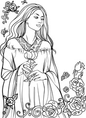 Fototapeta na wymiar Girl with a rose in a flower frame. Hand drawn vector illustration. line drawing