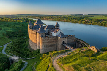 Fototapeta na wymiar Sunset view of Khotyn Fortress, where the Dniester River is visible in the background