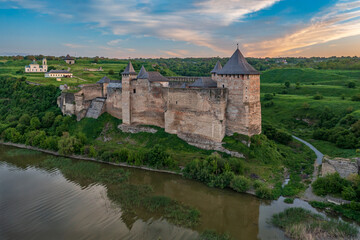 Fototapeta na wymiar Sunset view of Khotyn Fortress, where the Dniester River is visible in the background