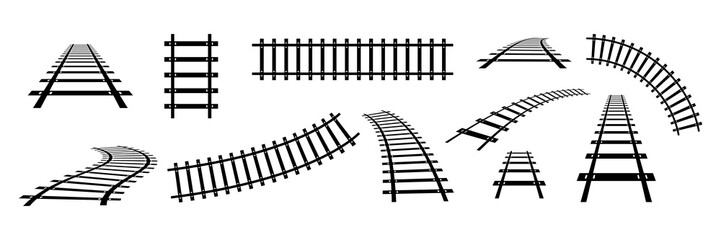 Train railway road set. Rail transport path element collection. Vector isolated on white.