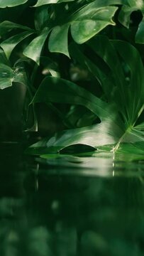 Vertical video. Calm relaxing ecology background, tropical leaf submerged in exotic water, Monstera rainforest waving slowly. Relax and meditation	