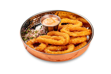 Onion rings fried in breading with cheese sauce