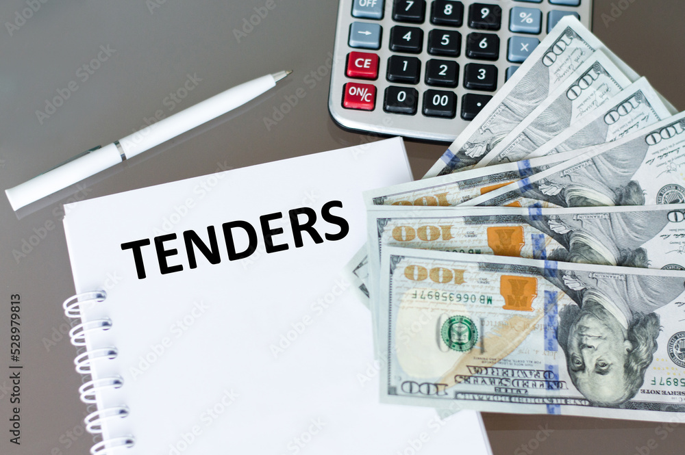 Poster tender text on a notepad on a table next to a calculator, pen and money
