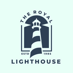 Royal lighthouse harbor logo. Maritime beacon icon. Marine search light symbol. Nautical watch tower emblem. Vector illustration.