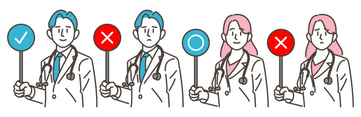 Male and female doctors in white coats with stethoscopes down, indicating true or false [vector illustration set].