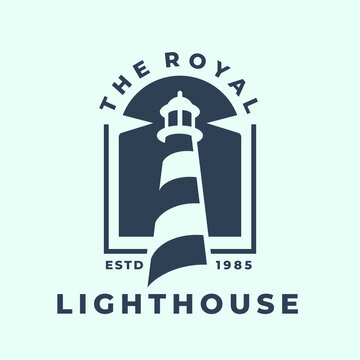 Royal lighthouse harbor logo. Maritime beacon icon. Marine search light symbol. Nautical watch tower emblem. Vector illustration.