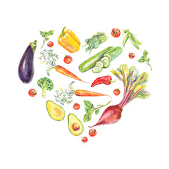 Watercolor heart shape vegetable composition with avocado, yellow red bell pepper, chilli, tomatoes, beet, carrot, broccoli, basil, spinach, peas and eggplant. Illustration for blog, menu, prints.
