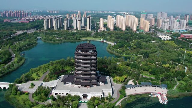 Aerial photography of ancient Chinese garden buildings in Zibo, Shandong