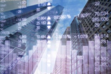 Double exposure of abstract financial diagram on office buildings background, banking concept