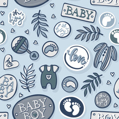 Obraz premium Hand drawn messy baby boy accessories toys and badges. Abstract linear vector illustration. Blue shaded seamless pattern isolated on light blue background.