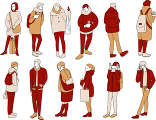 街の人々（秋、赤色ベース）