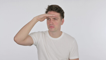 Obraz premium Young Man Searching Opportunity on White Background