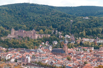 Fototapeta premium panoramic view of Heidelberg from the Philosophenweg - old town of Heidelberg with the castle and the Old Bridge, Baden Wuerttemberg, Germany