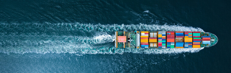 cargo container ship top view carrying container and running for export  goods  from  cargo yard port to other ocean concept freight shipping ship logistics transportation business service concept - obrazy, fototapety, plakaty