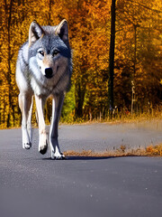 gray wolf canis lupus on the road
